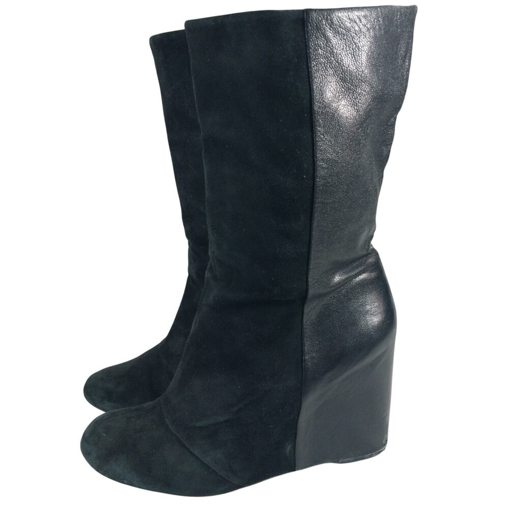 ENZO ANGIOLINI! BLACK GENUINE LEATHER & SUEDE HIDDEN WEDGE HEEL ANKLE BOOTS! 8M